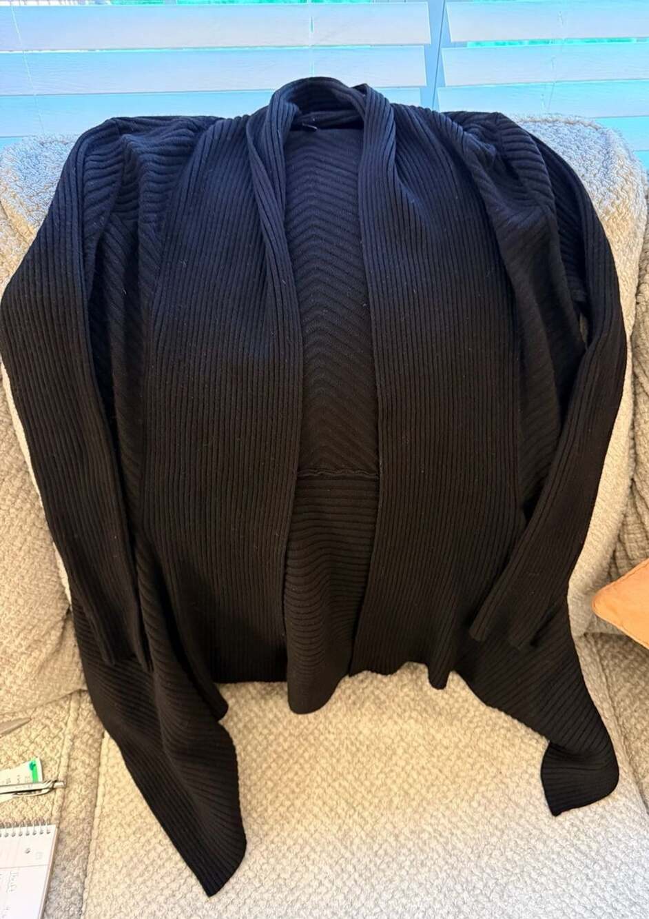 White House Black Market Black Ribbed Open Front Draped Cardigan